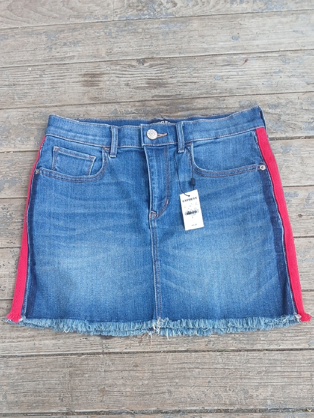 Express Blue Denim Mini Skirt with Red Side Panels